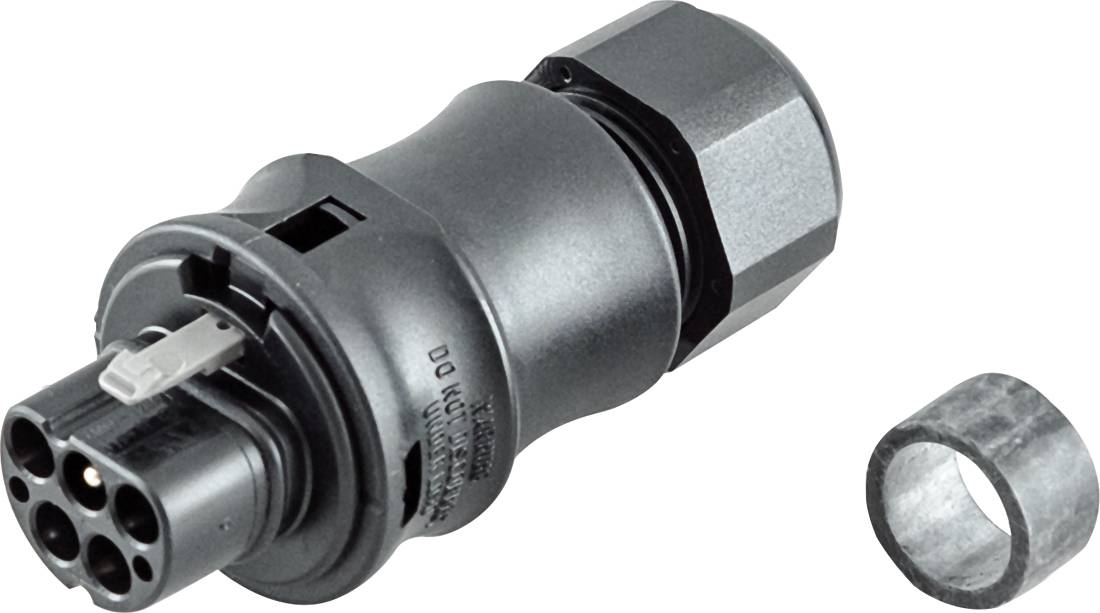 Schwarzer mehrpoliger Steckverbinder mit einem separaten Metallring, der daneben auf weißem Hintergrund gezeigt wird.