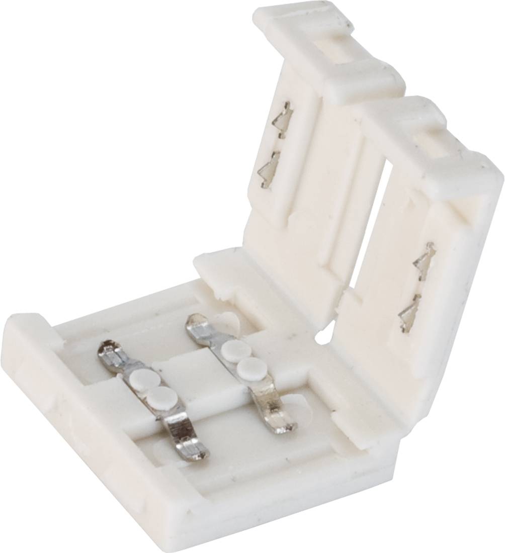 Weißer Kunststoff-Elektroanschluss mit zwei Metallfederkontakten, geöffnet vor einem einfachen Hintergrund.
