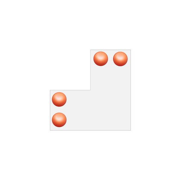 Ein weißes L-förmiges Objekt mit vier orangefarbenen Kugeln an den Endpunkten jeder Achse.