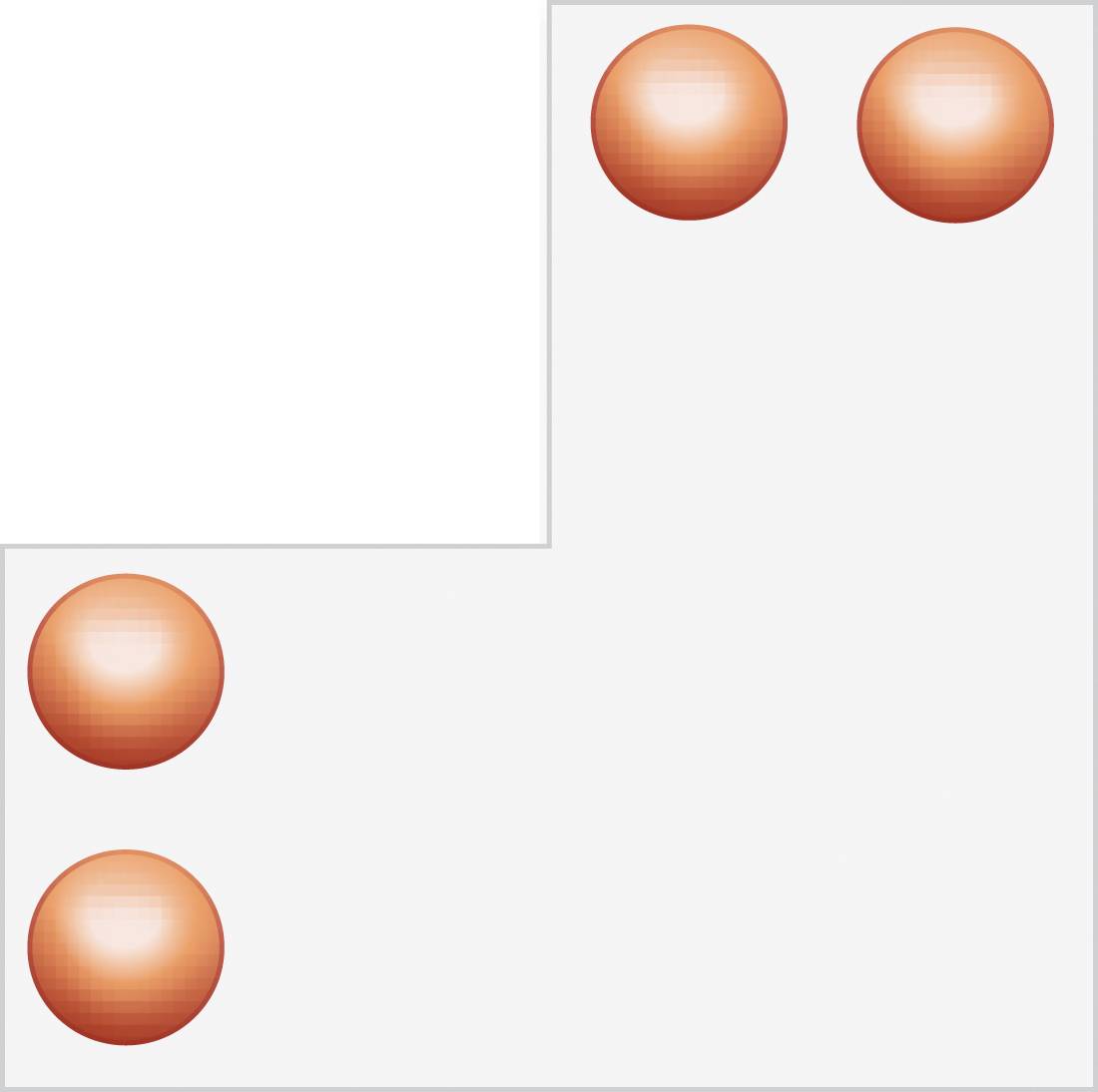 Abstraktes Diagramm einer gestuften weißen Form mit vier orangefarbenen kreisförmigen Markierungen, zwei oben rechts und zwei entlang der linken Seite.