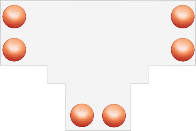 Diagramm mit sechs orangefarbenen kreisförmigen Markierungen auf einem gestuften T-förmigen weißen Hintergrund, das Verbindungspunkte oder Knotenpositionen andeutet.