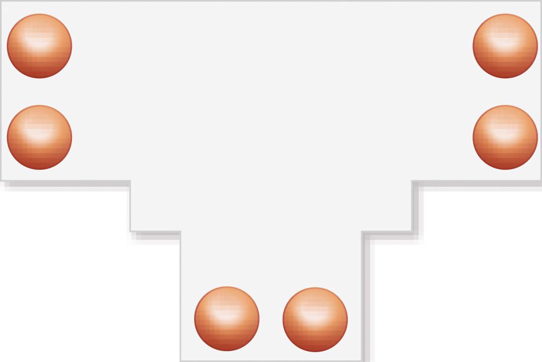 Diagramm einer T-förmigen Halterung oder eines Verbinders mit vier orangefarbenen Kreispunkten an den oberen Ecken und zwei in der Mittelbasis, die Montagepositionen zeigen.