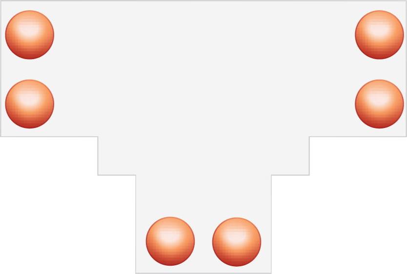 Diagramm einer T-förmigen weißen Plattform mit sechs orangefarbenen kreisförmigen Markierungen: zwei oben links, zwei oben rechts und zwei in der Mitte unten.