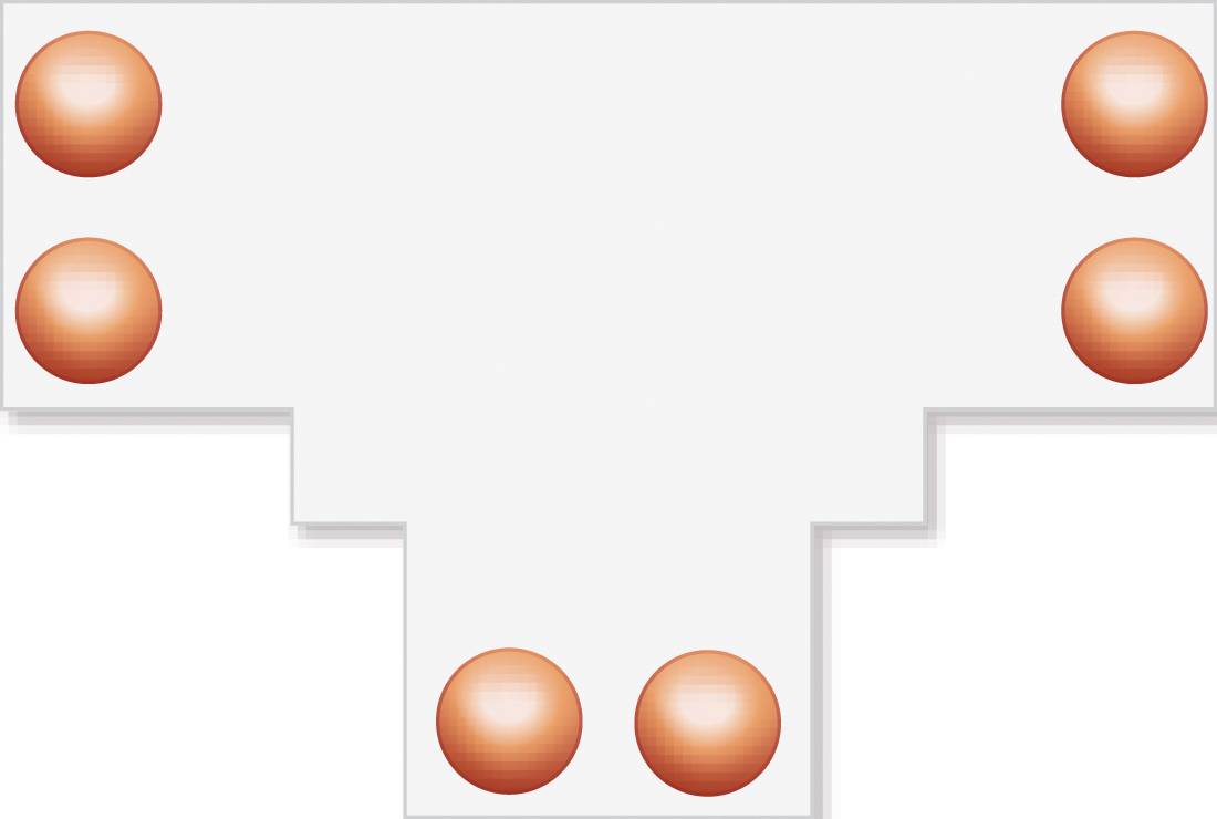 Vereinfachtes Layoutdiagramm mit vier orangefarbenen Kreisen an den oberen Ecken und zwei orangefarbenen Kreisen zentriert unten in einem gestuften weißen Rahmen.