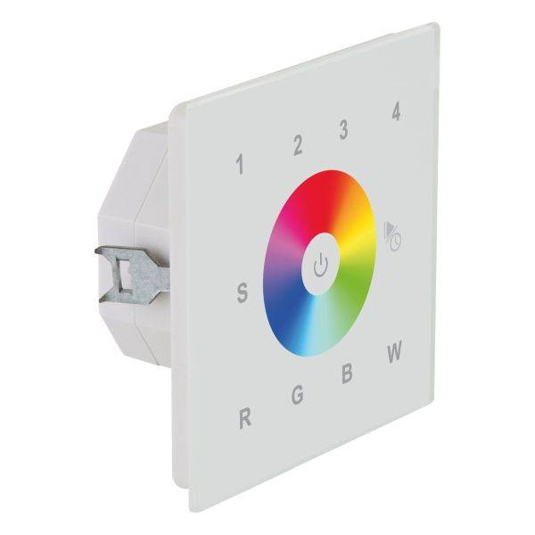 Berührungsempfindliches Bedienfeld für LED-Beleuchtung mit Farbauswahl, Helligkeitseinstellung und Ein/Aus-Schalter.