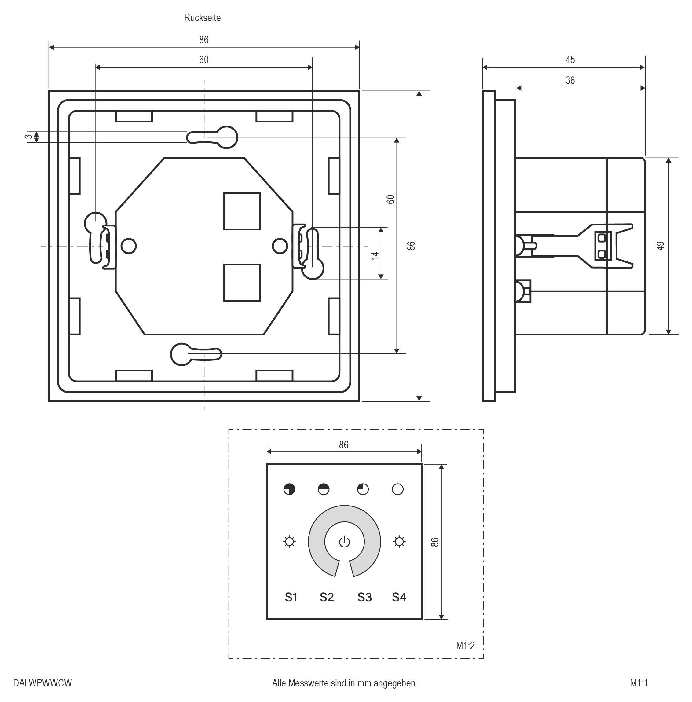 Technische Maßzeichnung eines quadratischen Wandschalter-Mechanismus mit Vorder-, Seiten- und Rückansicht, beschriftet in Millimetern (M1:1).