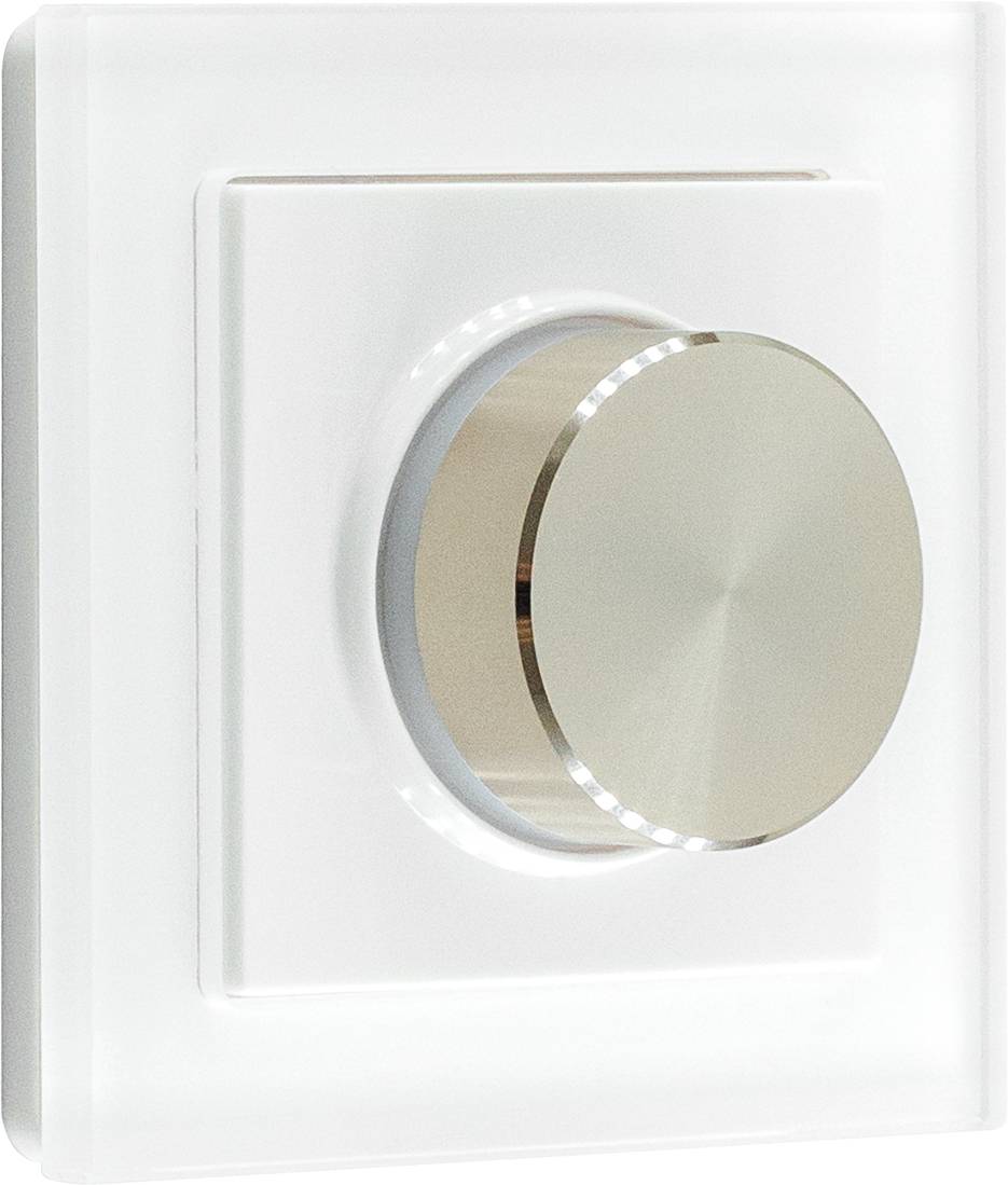 Nahaufnahme eines weißen Wanddimmerschalters mit großem rundem silbernem Drehknopf.