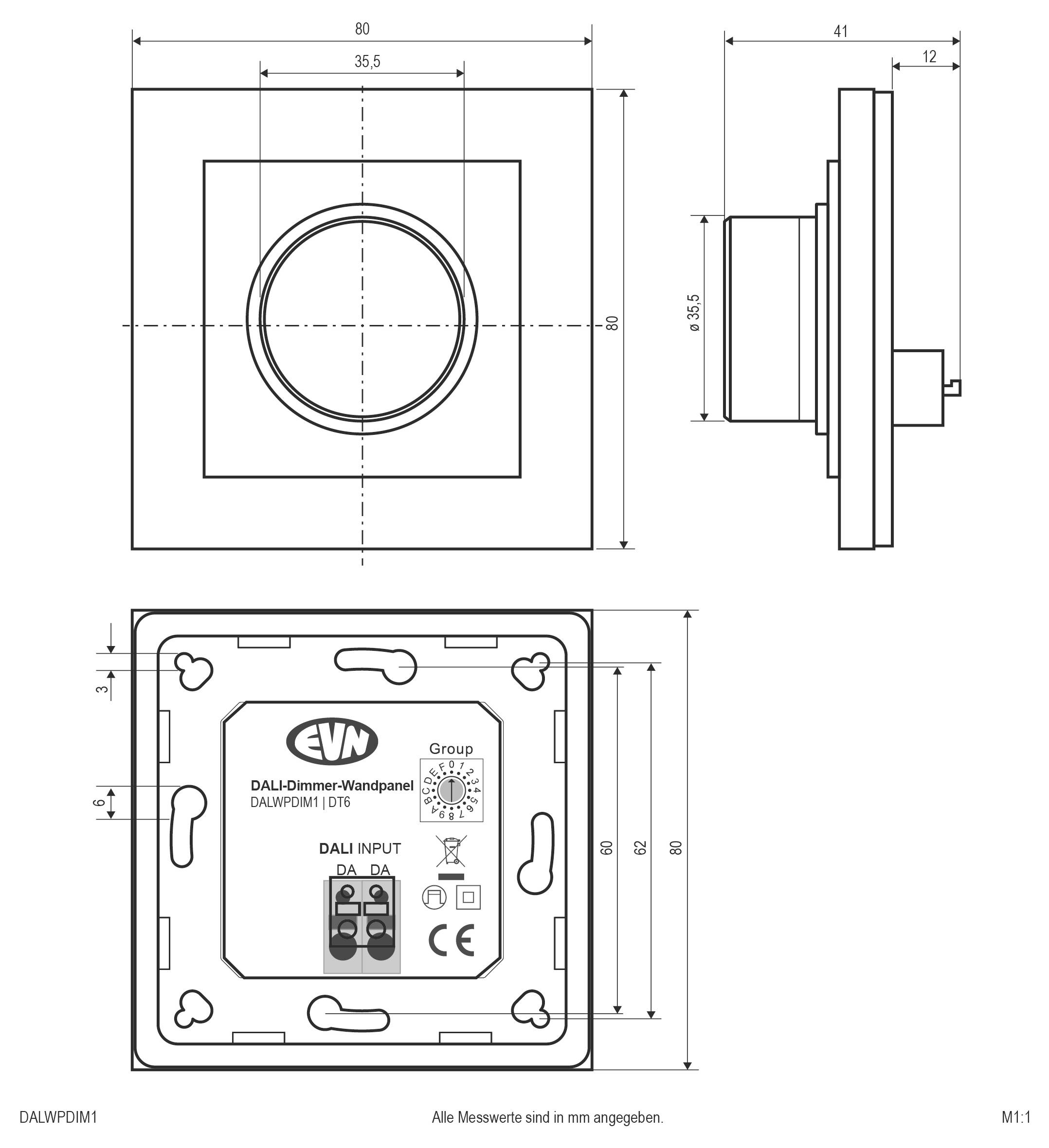 Technische Maßzeichnung eines quadratischen EVN DALI-Dimmermoduls mit Vorder-, Seiten- und Rückansichten mit Abmessungen in Millimetern.