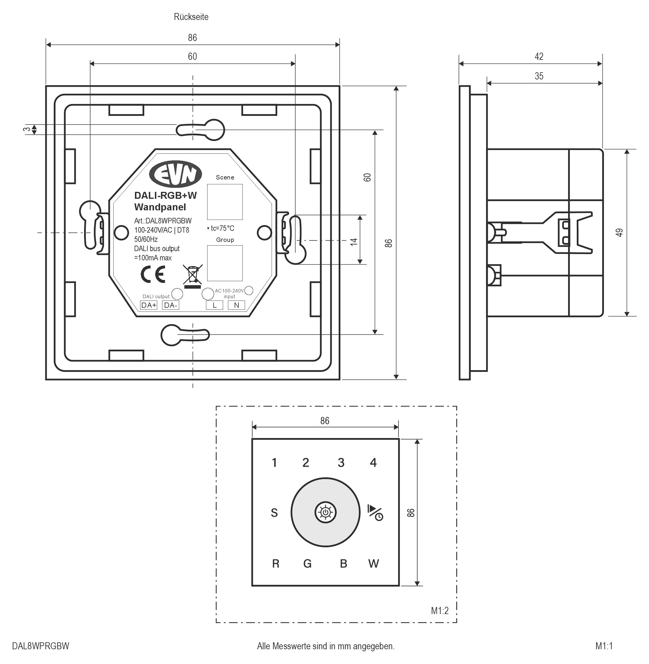 Technische Maßzeichnung eines DALI-RGB+W-Wandpanelschalters mit Vorder-, Seiten- und Rückansichten mit Abmessungen der quadratischen Blende von 86 mm.