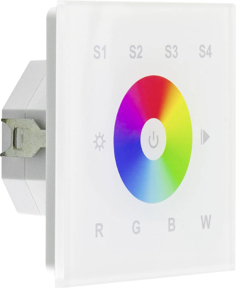 Wandmontiertes Touch-Panel LED-Controller mit Farbrad, Ein-/Ausschalter, Voreinstellungstasten S1-S4 und RGBW-Beschriftungen.