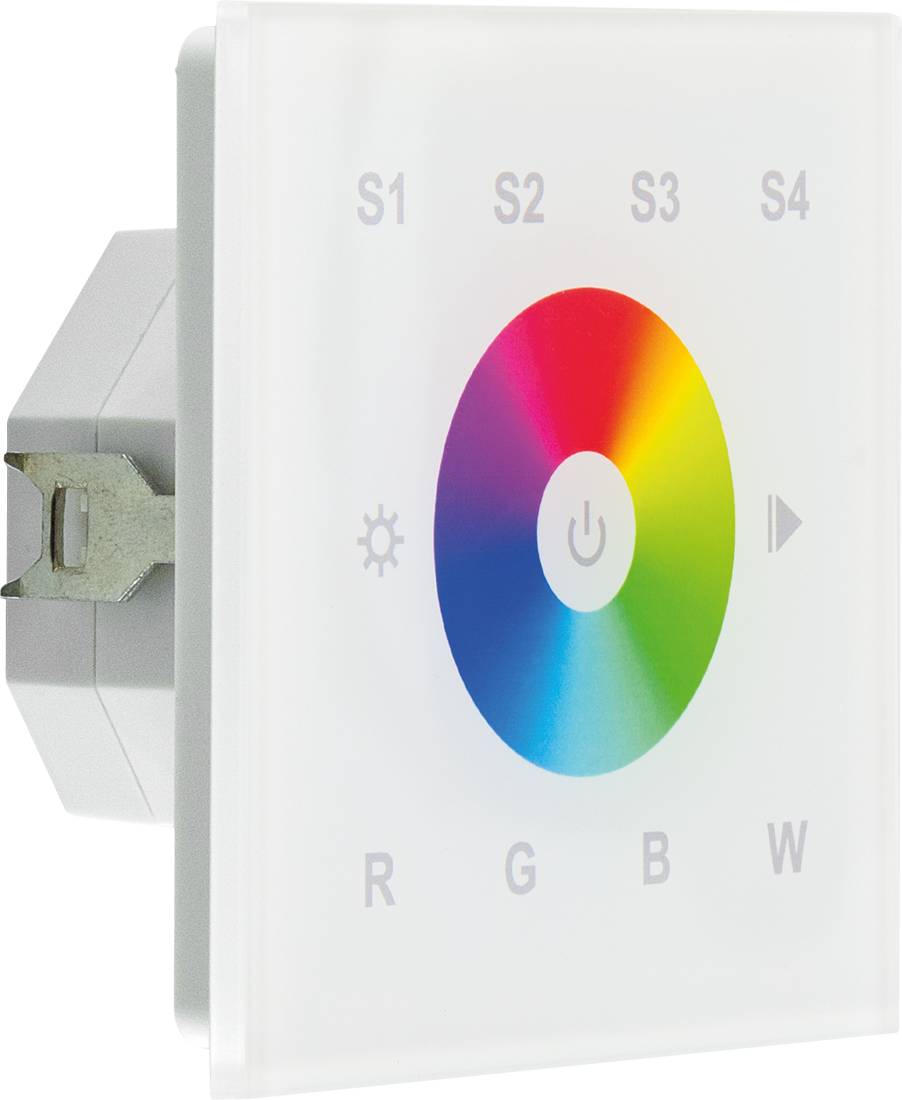 Wandmontierter Touch-LED-Lichtregler mit Farbrad, Stromversorgungssymbol, Helligkeitssymbol und S1-S4-Voreinstellungsbeschriftungen.