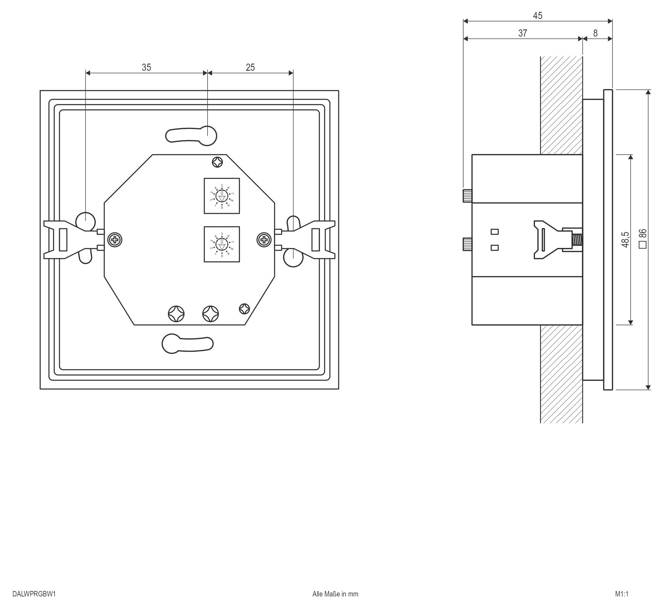 Technische Maßstabzeichnung eines quadratischen, wandmontierten Geräts, dargestellt in Front- und Seitenansichten, mit Montagedetails und Abmessungen in Millimetern.