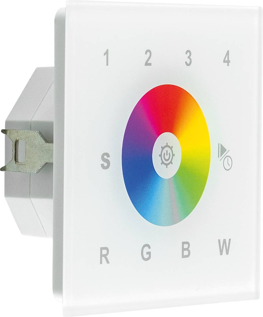 Wandmontiertes RGBW-Lichtschalter-Panel mit farbigem Drehregler und nummerierter Einstellung 1-4.