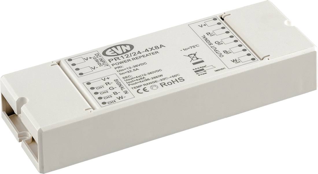 Weißes rechteckiges EIM LED-Stromverstärkermodul mit gedruckten Anschllussklemmen und Modellbezeichnung oben.