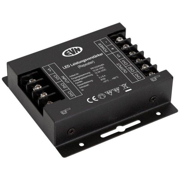 Ein schwarzer LED-Leistungsverstärker mit mehreren Anschlüssen und technischen Spezifikationen auf der Oberseite.