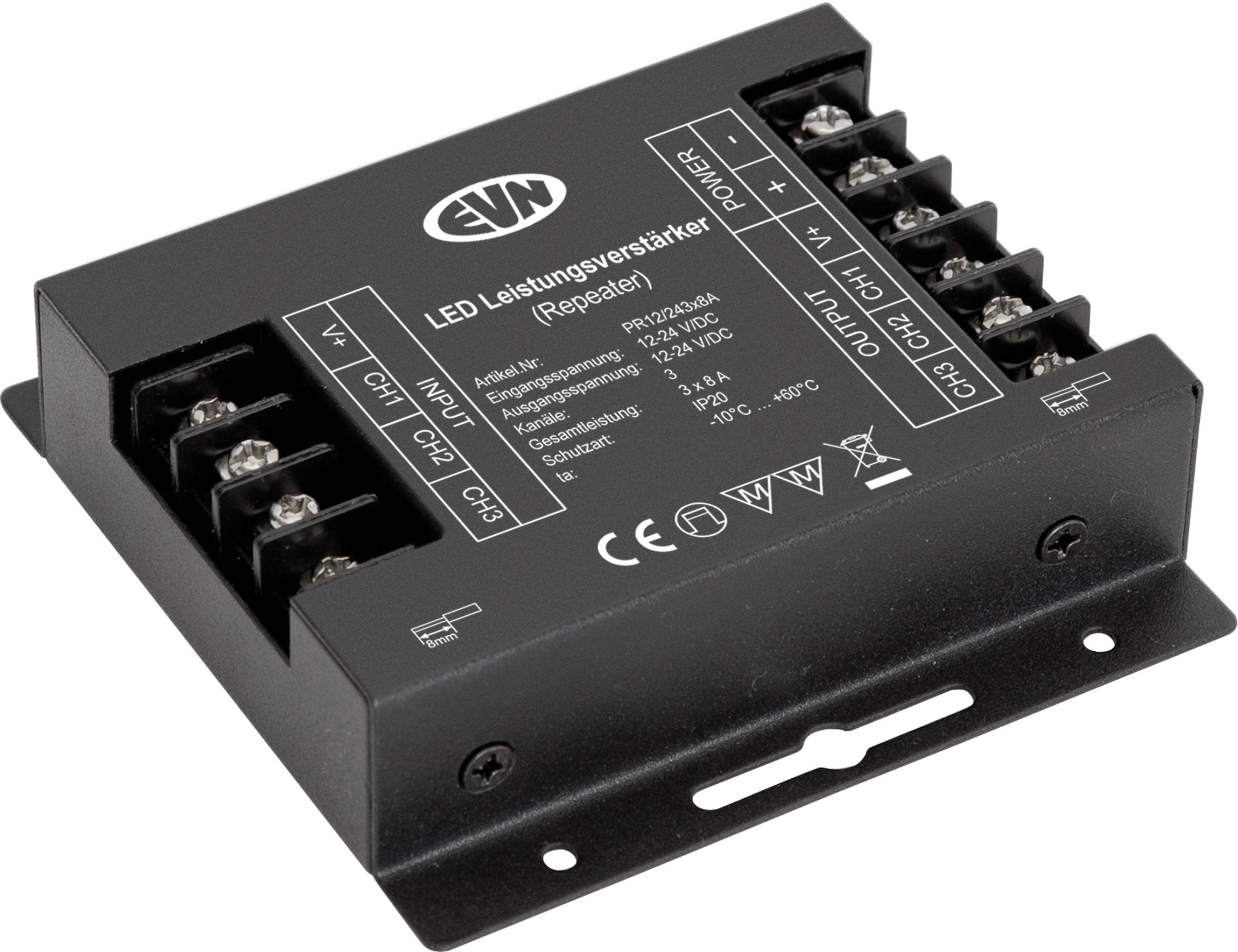 Schwarzes LED-Netzteil-/Repeater-Modul mit Anschlussblöcken und gedruckten Verdrahtungsetiketten auf der Oberseite.