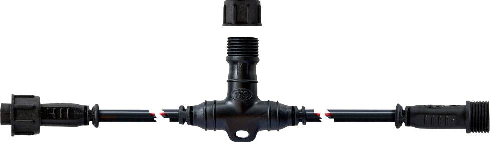 Dreiteiliger schwarzer Kunststoff-Kabelverbinder mit Gewinde-Mittelfuge, der zwei abgeschnittene Drahtenden auf weißem Hintergrund verbindet.