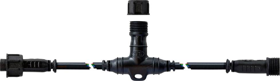 Ein schwarzes T-Stück-Connector mit abnehmbarer Kappe in der Mitte und Anschlüssen auf beiden Seiten, auf weißem Hintergrund.