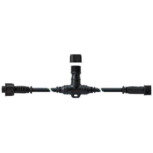 Ein schwarzes T-Stück-Connector mit abnehmbarer Kappe in der Mitte und Anschlüssen auf beiden Seiten, auf weißem Hintergrund.