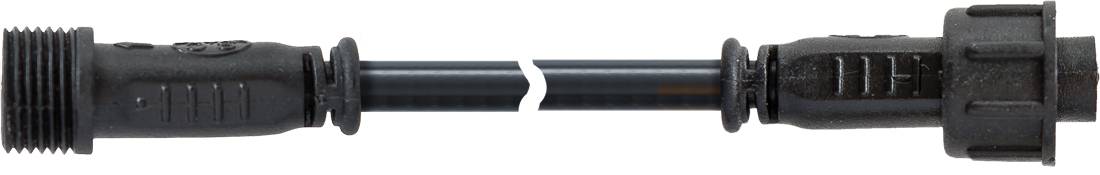 Nahaufnahme eines schwarzen Kunststoff-Kabelverbinders oder Verlängerungskupplers mit Gewinde an den Enden und einem zentralen Gelenk auf weißem Hintergrund