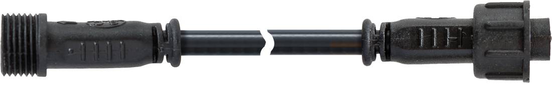 Schwarzes Kunststoffverbinderkabel mit gerippten Enden und einer zentralen weißen Verriegelungsklammer, horizontal auf weißem Hintergrund dargestellt