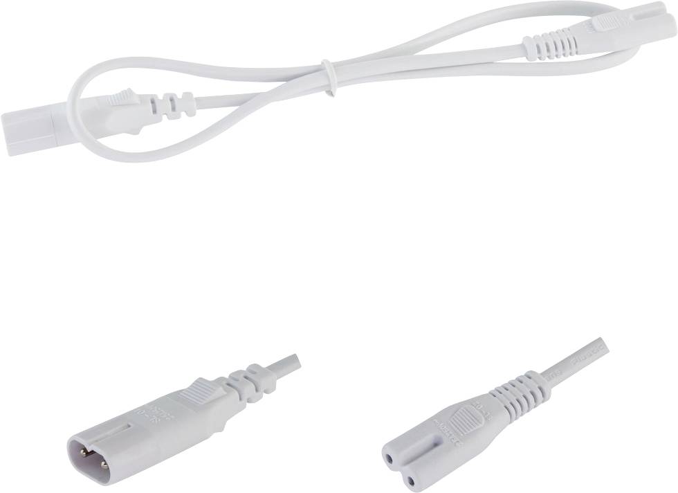Weiße abnehmbare Stromschnur mit zwei Steckerenden, dargestellt in Draufsicht und zwei Nahaufnahmen der Stecker.