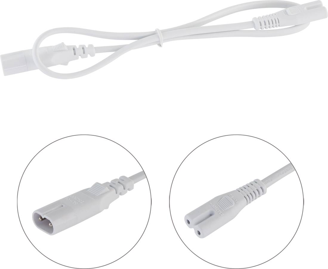 Weißes Stromkabel-Adapterkabel mit einem Stecker oben und zwei kreisförmigen Nahaufnahmen der männlichen und weiblichen Steckerenden unten.