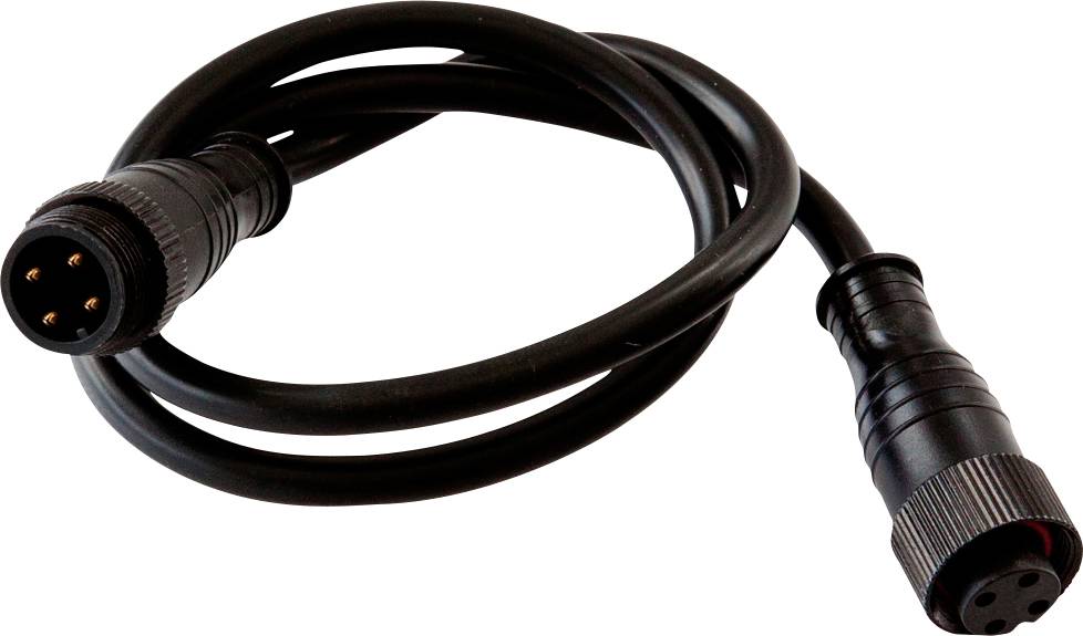 Schwarzes, spiralförmig aufgewickeltes Kabel mit runden mehrstiftigen Steckverbindern an beiden Enden vor weißem Hintergrund.