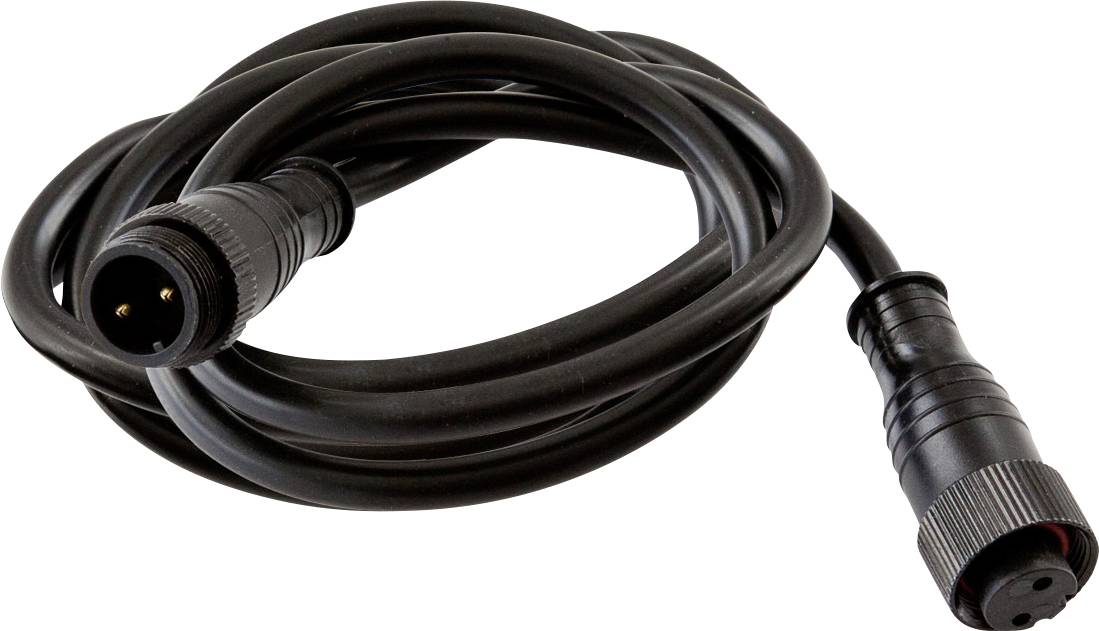 Schwarzes aufgewickeltes Kabel mit runden Steckverbindern an beiden Enden, gezeigt auf weißem Hintergrund.
