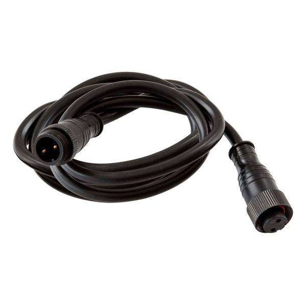 Schwarzes Kabel mit zwei runden Steckern; wird zur elektrischen Verbindung zwischen Geräten verwendet.