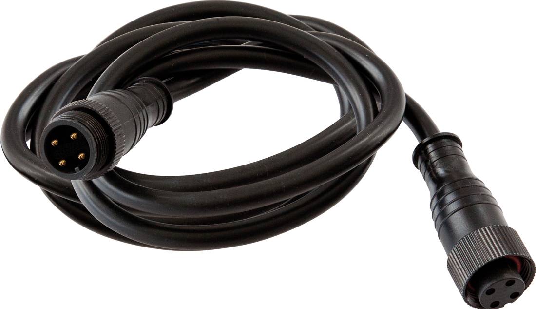 Schwarzes spiralförmiges Kabel mit kreisförmigen 3-poligen Steckverbindern an beiden Enden, gezeigt vor weißem Hintergrund.