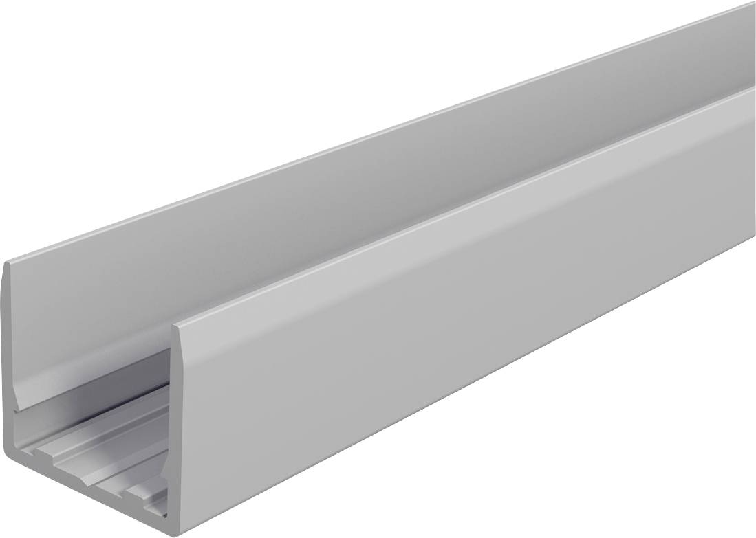 Ein graues Aluminiumprofil in U-Form, das zur Befestigung von Materialien genutzt wird, vor weißem Hintergrund.