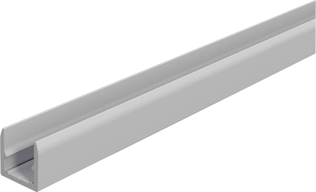 Langer silberner Metallkanal oder Gleis, diagonal auf weißem Hintergrund dargestellt.
