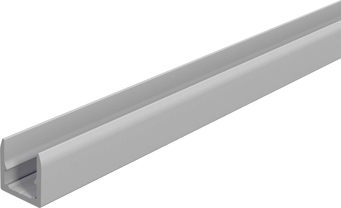 Langes graues Aluminium-Kanalprofile in perspektivischer Darstellung, mit sichtbarer hohler Nut und offenem Ende.