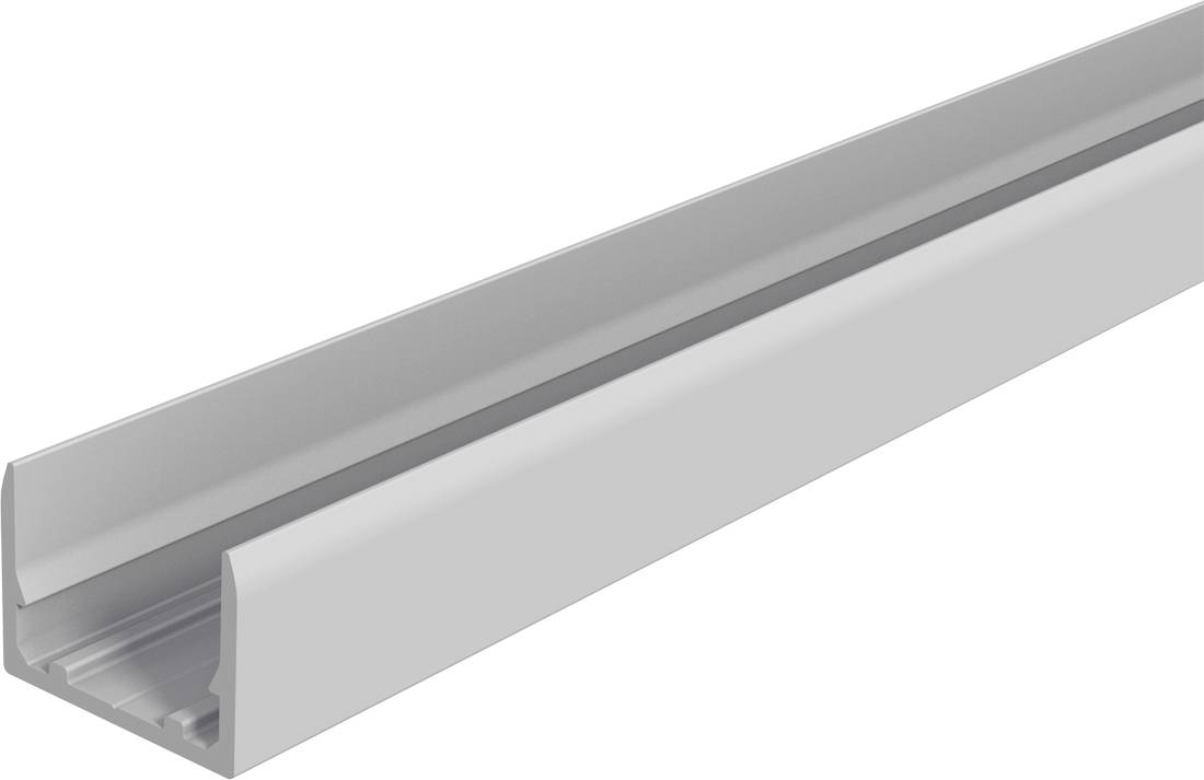 Langes Aluminium-Linienlichtprofil mit U-förmigem Querschnitt, perspektivisch auf weißem Hintergrund dargestellt.