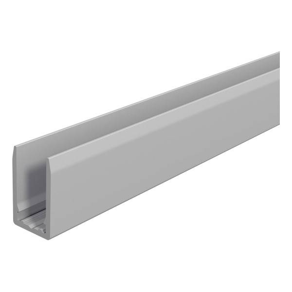 Graues, rechteckiges Aluminiumprofil mit einer Nut, geeignet für Montagezwecke oder als Schienensystem.