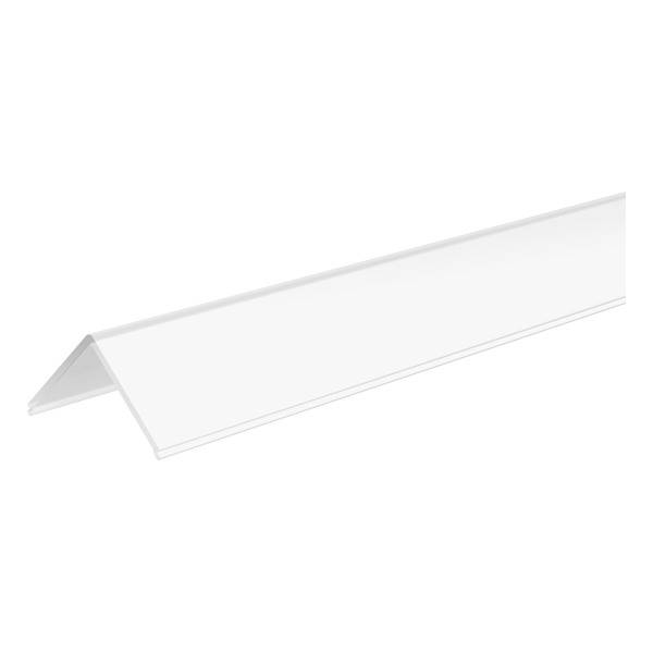 Weißes Kunststoff-Eckprofil in L-Form, meist für Kanten- oder Eckabschlüsse bei Bauprojekten verwendet.