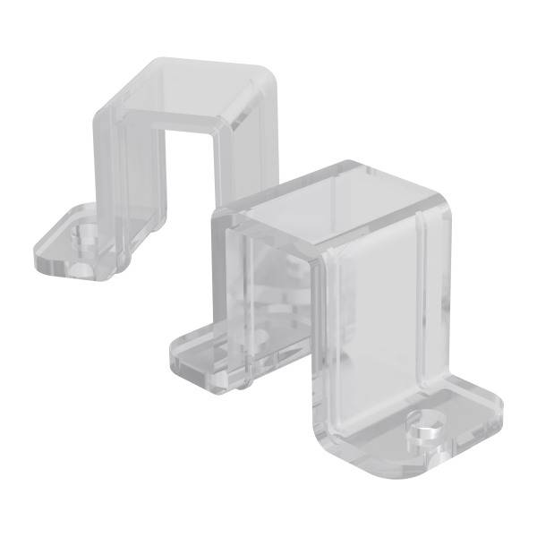 Zwei durchsichtige Kunststoffhalterungen, die rechtwinklig gebogen sind. Sie haben jeweils eine Befestigungsöffnung an einer Seite.