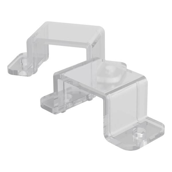 Ein transparentes Kunststoffteil mit zwei L-förmigen Halterungen, die rechtwinklig zueinander angeordnet sind.