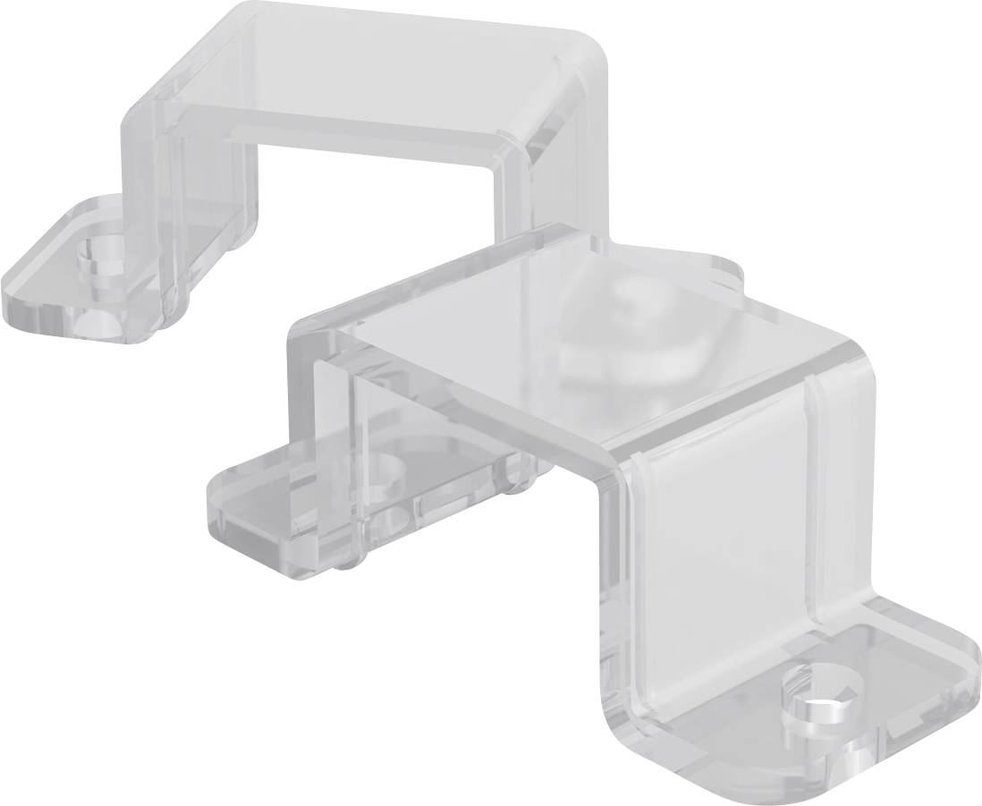 Zwei transparente U-förmige Montageclips aus Kunststoff mit Schraubenlöchern, auf weißem Hintergrund dargestellt.