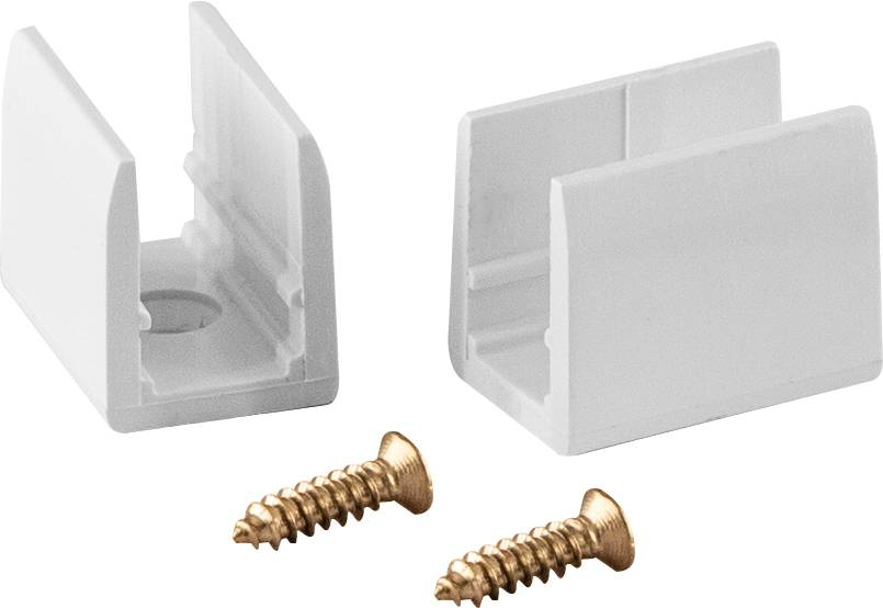 Zwei weiße Kunststoffeckenclips und zwei goldene Schrauben, dargestellt als Hardwareteile auf weißem Hintergrund.
