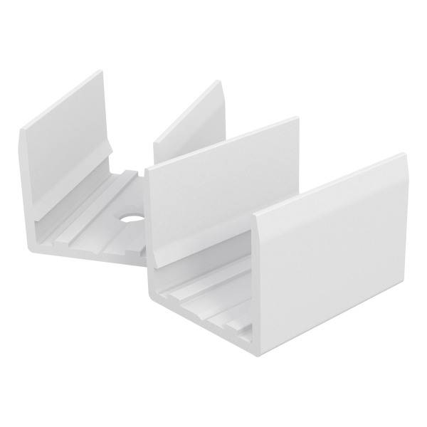 Zwei weiße Kunststoff-Eckverbinder mit offenem U-Profil, möglicherweise zur Verbindung von Schienen in einer Struktur.
