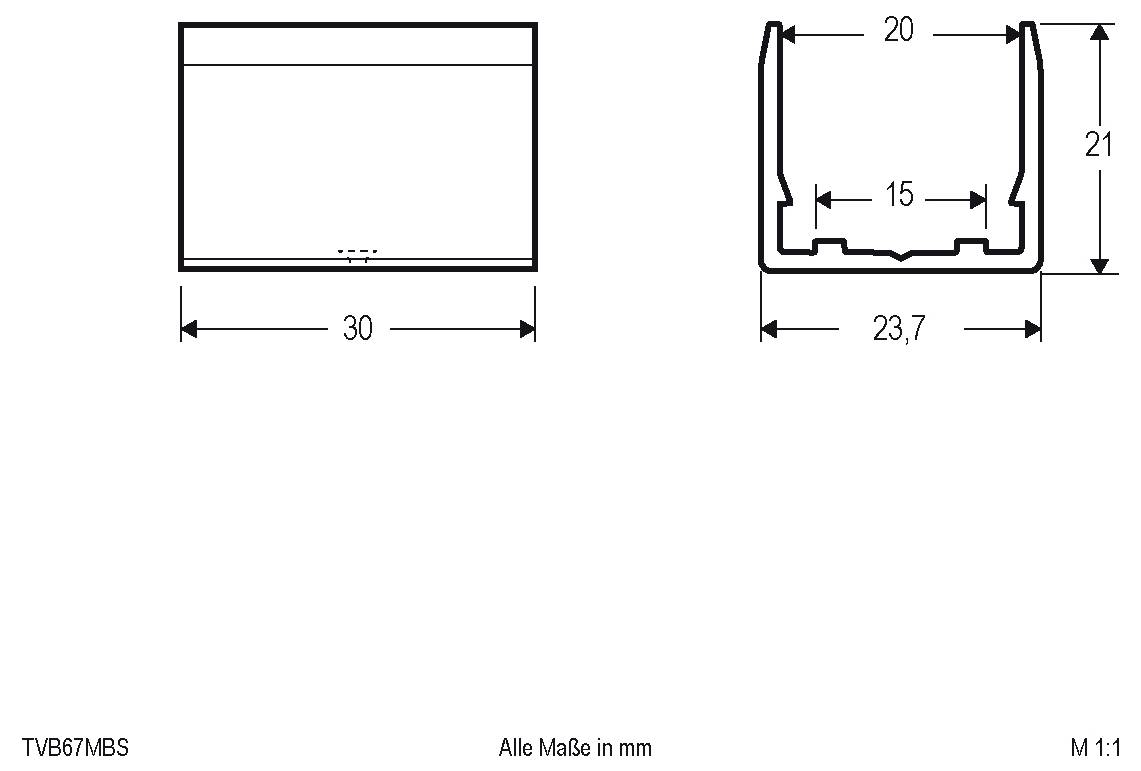 Technische Zeichnung eines rechteckigen Profils mit Vorder- und Querschnittsansichten mit den Abmessungen 30 mm Breite, 23,7 mm Basis, 20 mm Oberseite, 21 mm Höhe und 15 mm innere Öffnung.