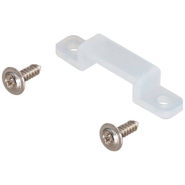 Ein weißer Kunststoffhalter mit zwei Schrauben, die zur Befestigung auf flachen Oberflächen dienen.