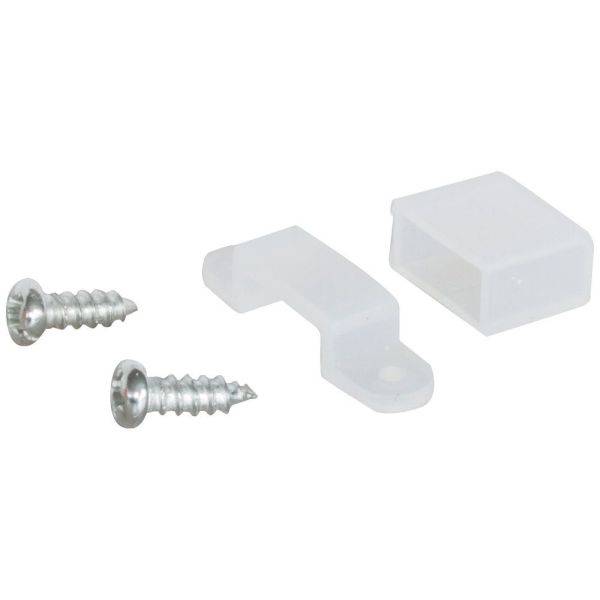 Zwei Metallschrauben neben einem weißen Kunststoff-Teil und einer kleinen weißen Kunststoffabdeckung auf einem weißen Hintergrund.
