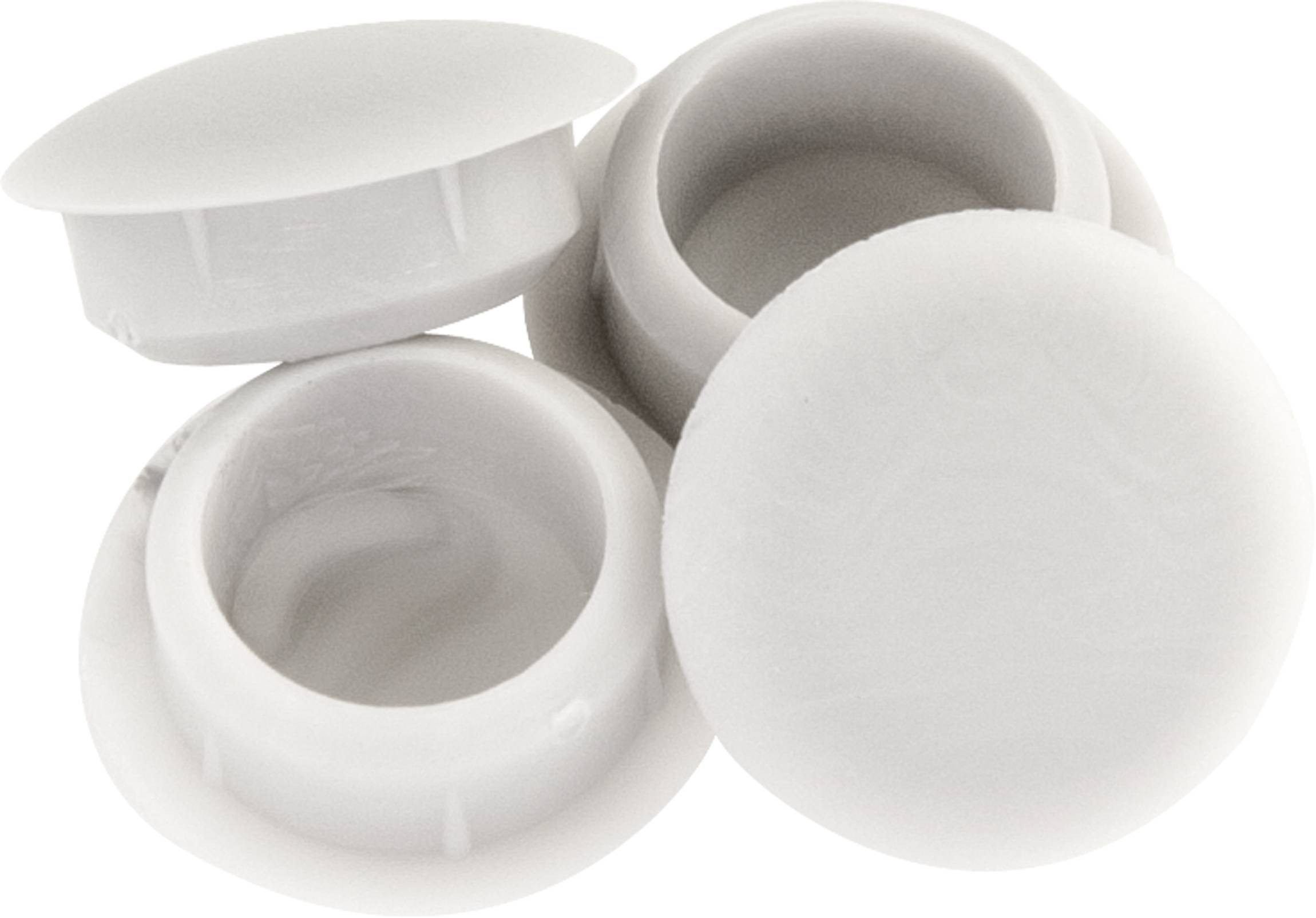 Vier weiße Kosmetik-Cremetiegel und Deckel auf weißem Hintergrund