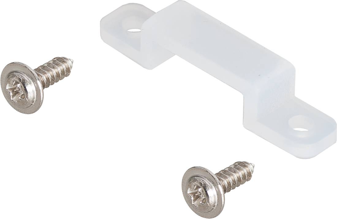 Weiße Kunststoff-Montageklammer mit zwei daneben abgebildeten Schrauben auf einfachem Hintergrund.