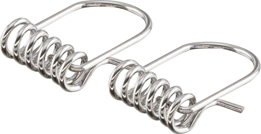 Zwei silberne Metallspringklammern mit Schleifengriffem, freigestellt auf weißem Hintergrund.