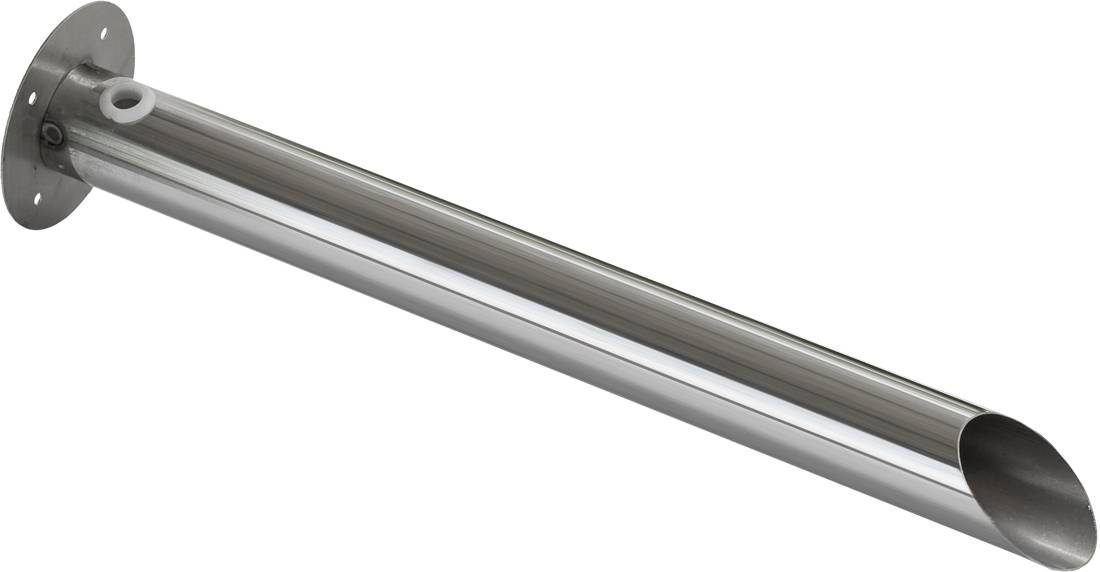 Edelstahlrohr mit Winkel, kreisflanschen und Befestigungslöchern an einem Ende, auf weißem Hintergrund dargestellt.