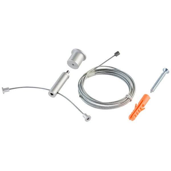 Abbildung eines Wandbefestigungssets mit Drahtseil, Schraube und Dübel. Enthält Kappen und Halterungen für flexible Anbringung.